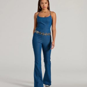 Casual And Cool Lace-Up Flare Denim Jumpsuit
