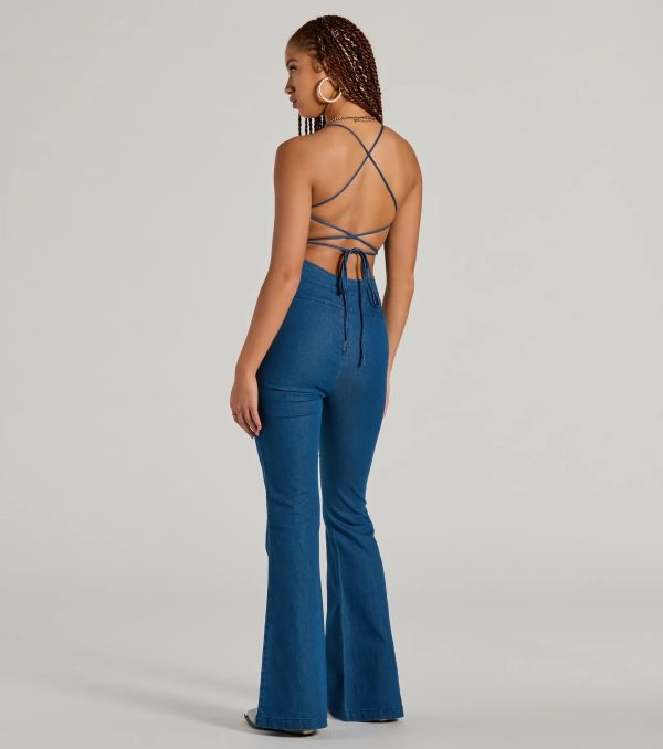 Casual And Cool Lace-Up Flare Denim Jumpsuit - Image 2