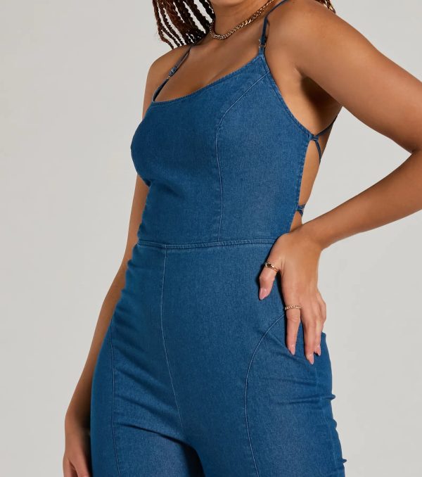 Casual And Cool Lace-Up Flare Denim Jumpsuit - Image 3