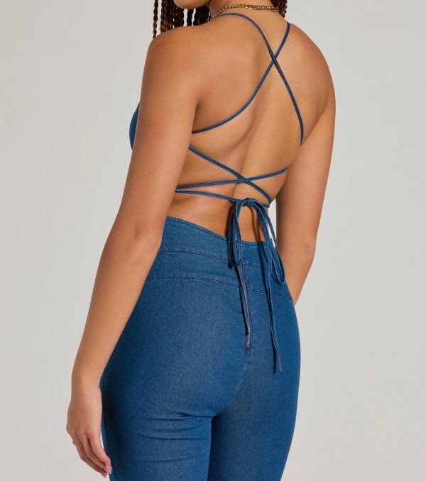 Casual And Cool Lace-Up Flare Denim Jumpsuit - Image 4
