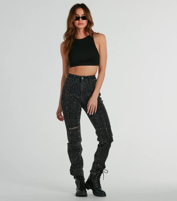 Glam Girlie Rhinestone High Waist Straight-Leg Jeans - Image 5