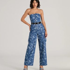 Good Vibes Strapless Tie-Dye Wide-Leg Cargo Jumpsuit