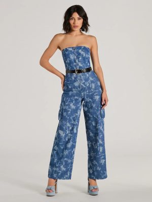 Good Vibes Strapless Tie-Dye Wide-Leg Cargo Jumpsuit