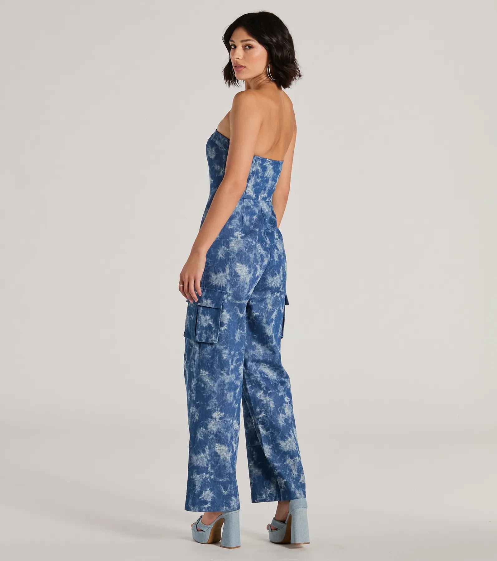 Good Vibes Strapless Tie-Dye Wide-Leg Cargo Jumpsuit - Image 2