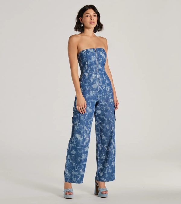 Good Vibes Strapless Tie-Dye Wide-Leg Cargo Jumpsuit - Image 4