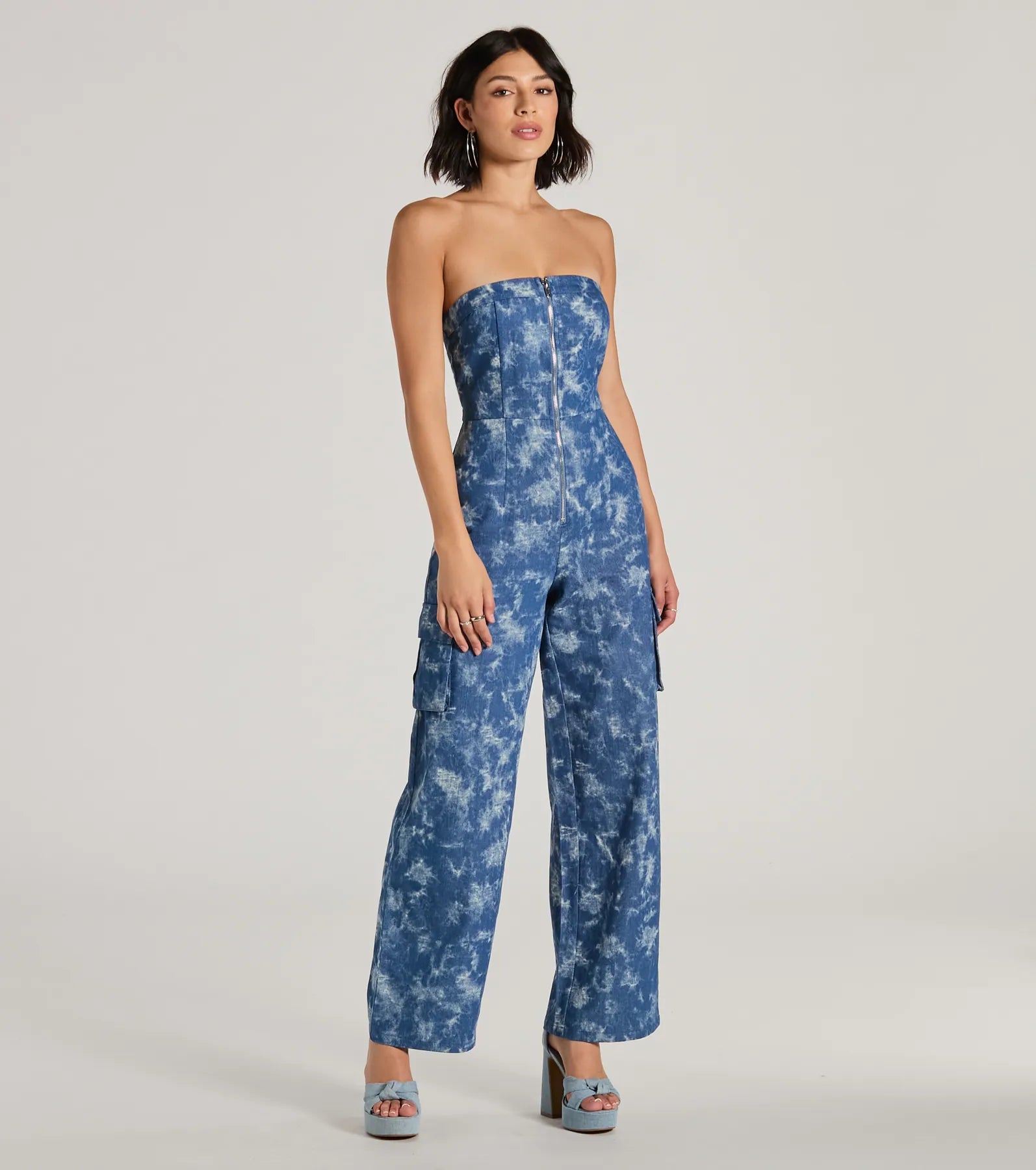 Good Vibes Strapless Tie-Dye Wide-Leg Cargo Jumpsuit - Image 4
