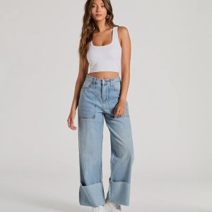 In The Details High-Rise Wide-Leg Cuffed Denim Jeans