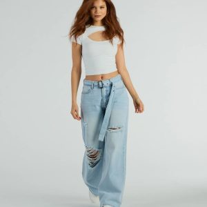 Cool Vibes High-Rise Belted Destructed Wide-Leg Jeans