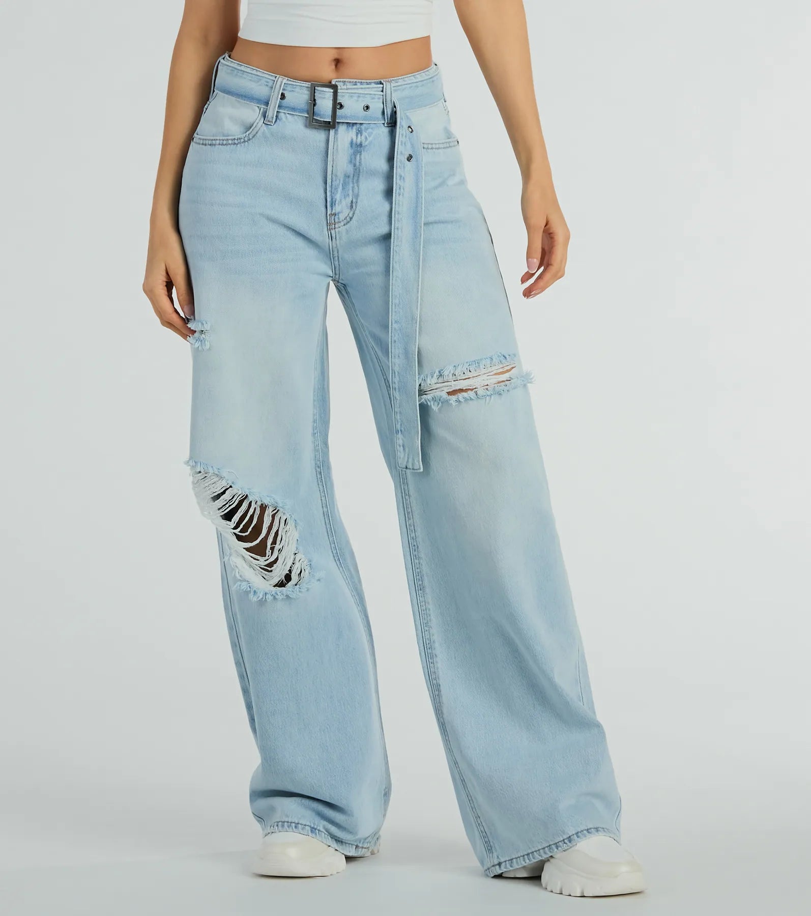 Cool Vibes High-Rise Belted Destructed Wide-Leg Jeans - Image 2