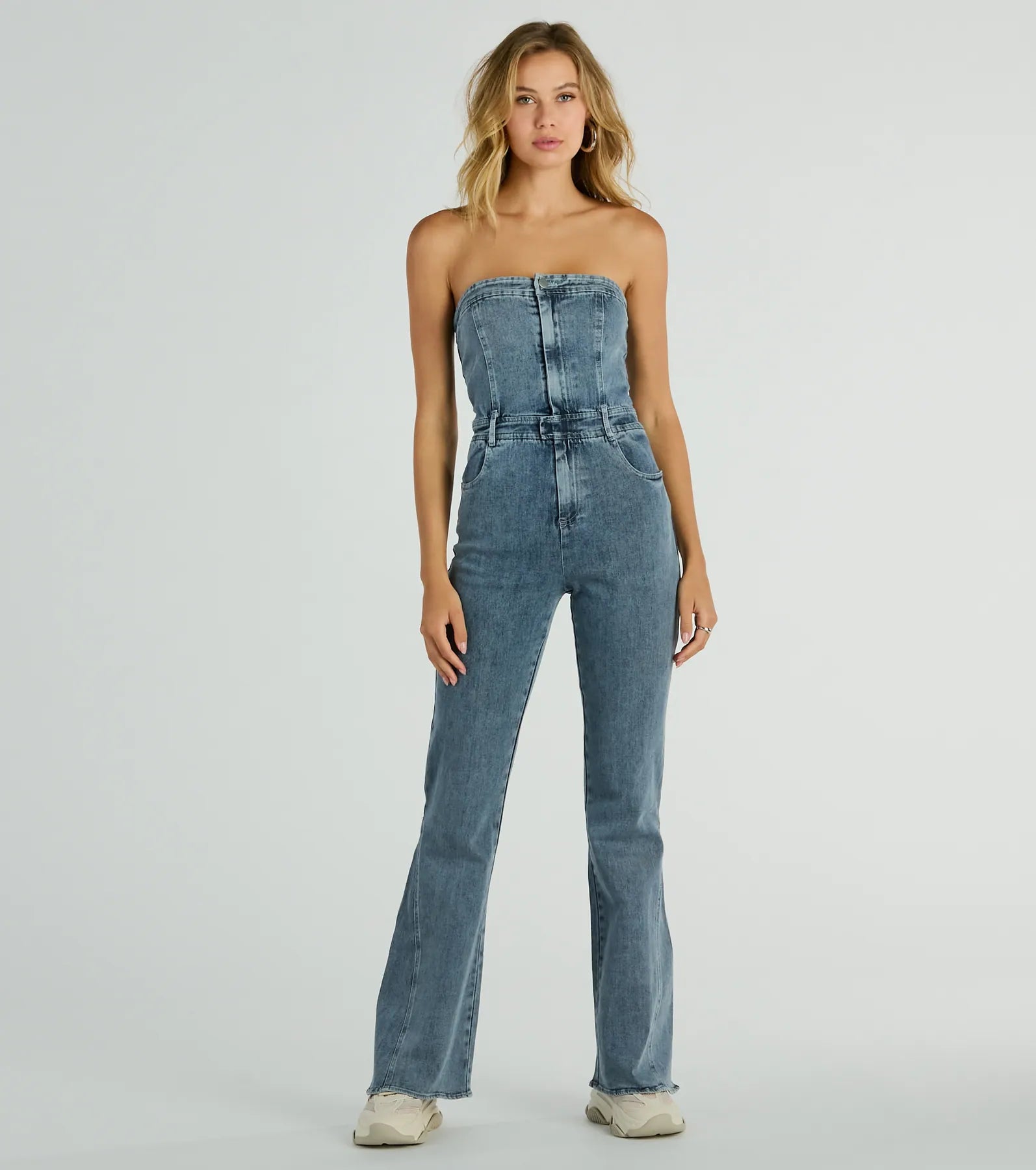 Flirty Retro Strapless Flare Denim Jumpsuit - Image 5