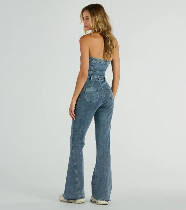 Flirty Retro Strapless Flare Denim Jumpsuit - Image 6