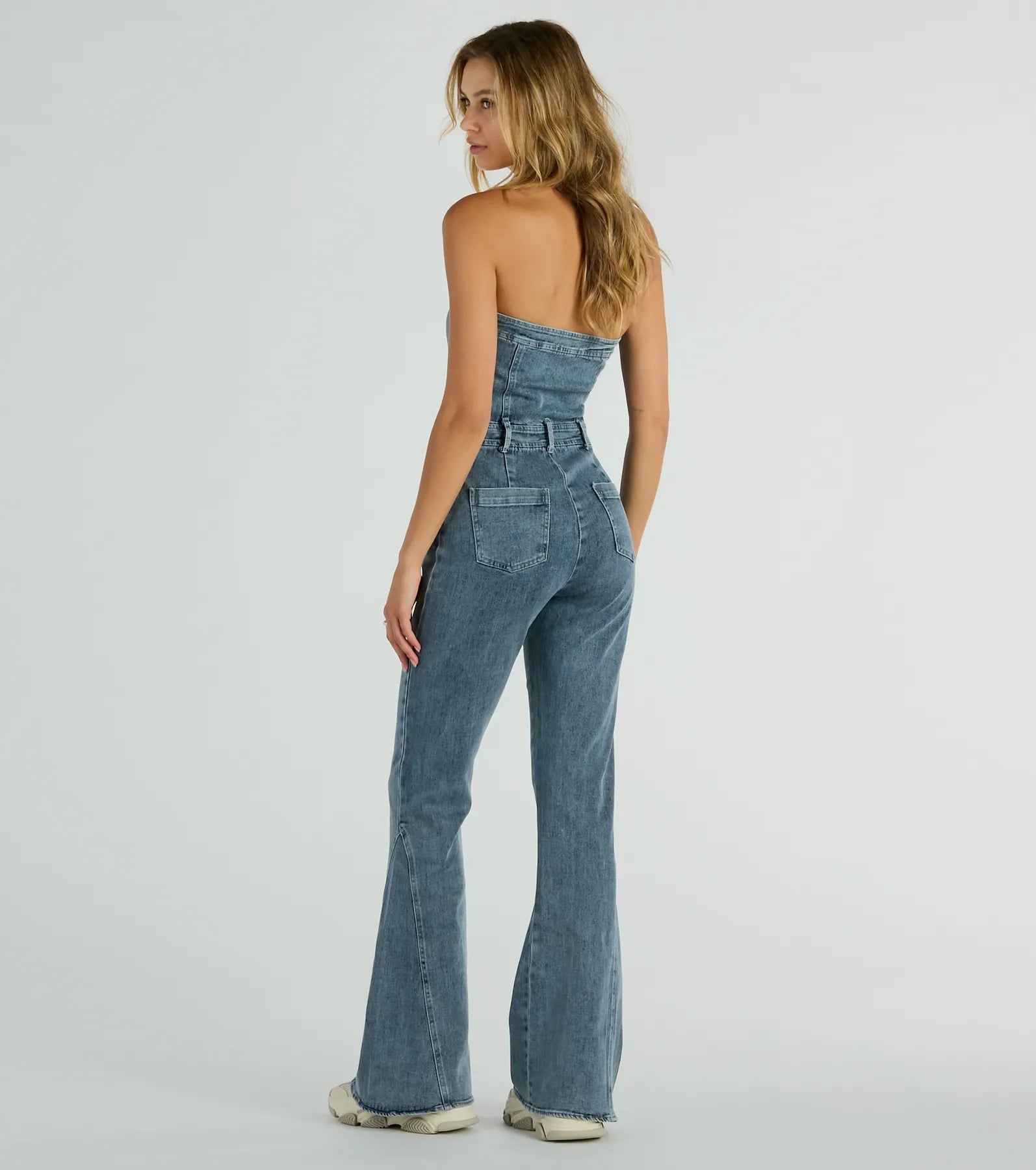 Flirty Retro Strapless Flare Denim Jumpsuit - Image 6
