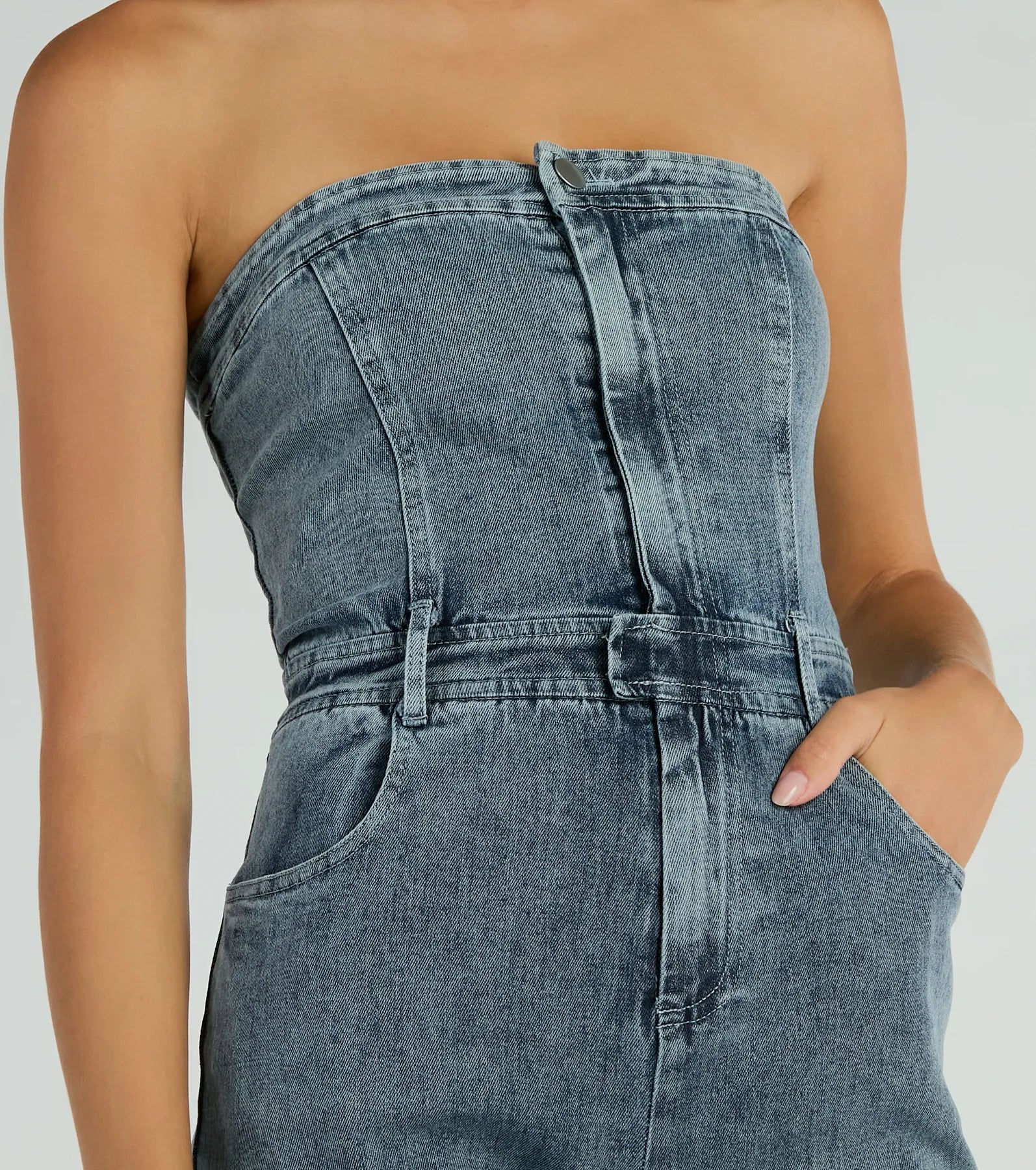 Flirty Retro Strapless Flare Denim Jumpsuit - Image 7
