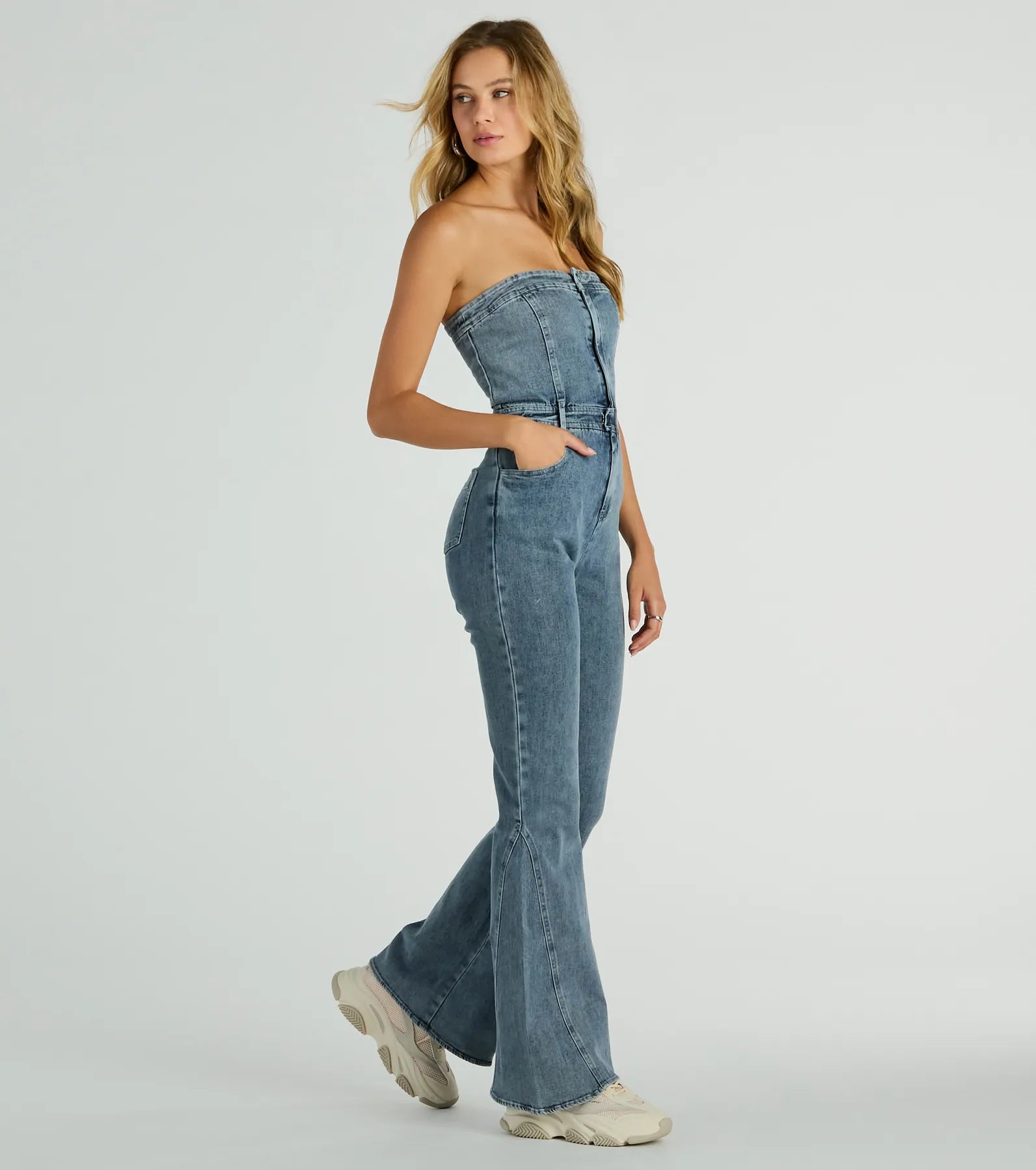 Flirty Retro Strapless Flare Denim Jumpsuit - Image 8