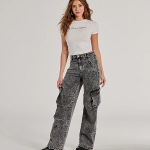 On-Trend High-Rise Cargo Acid Wash Jeans
