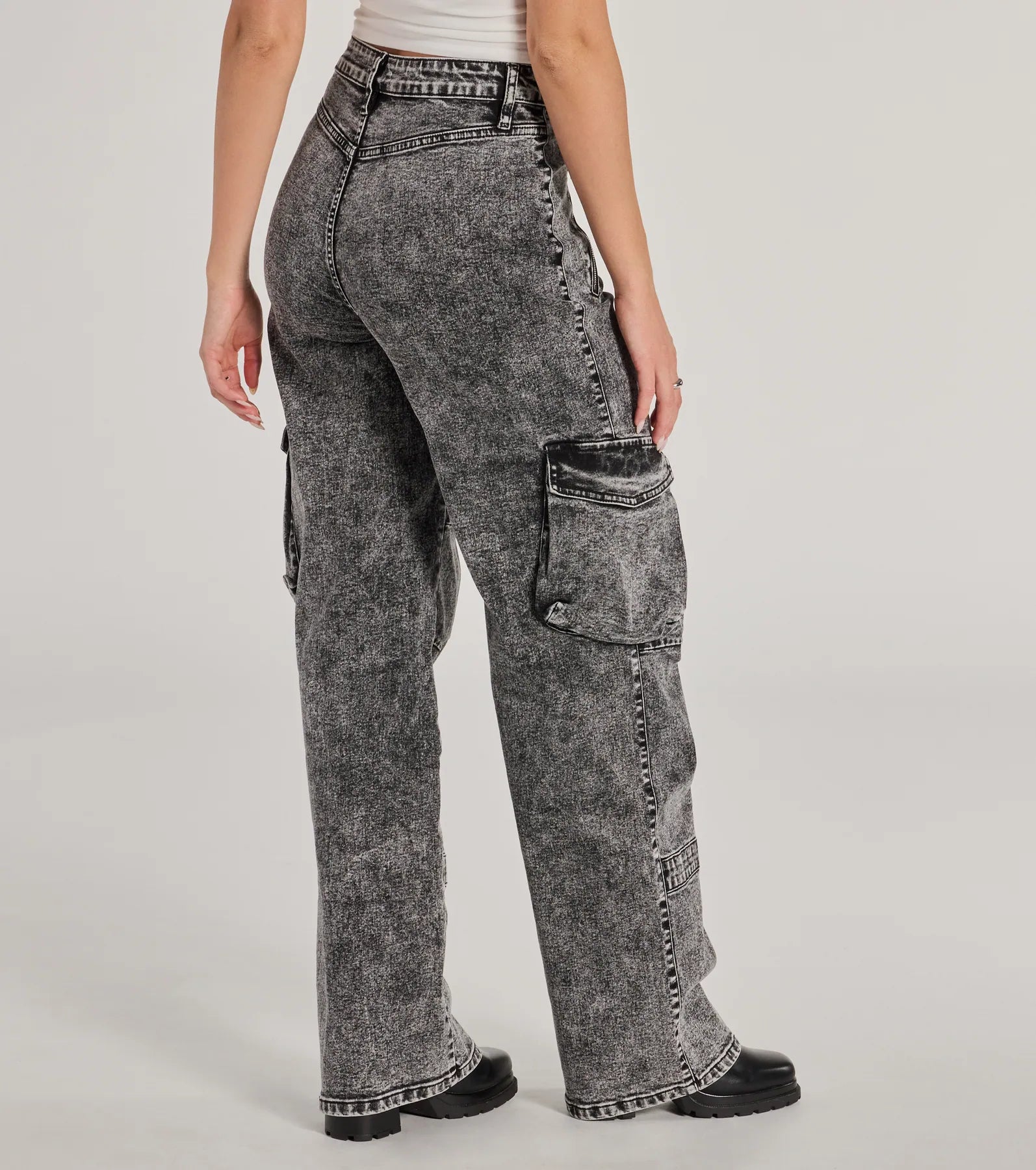 On-Trend High-Rise Cargo Acid Wash Jeans - Image 2