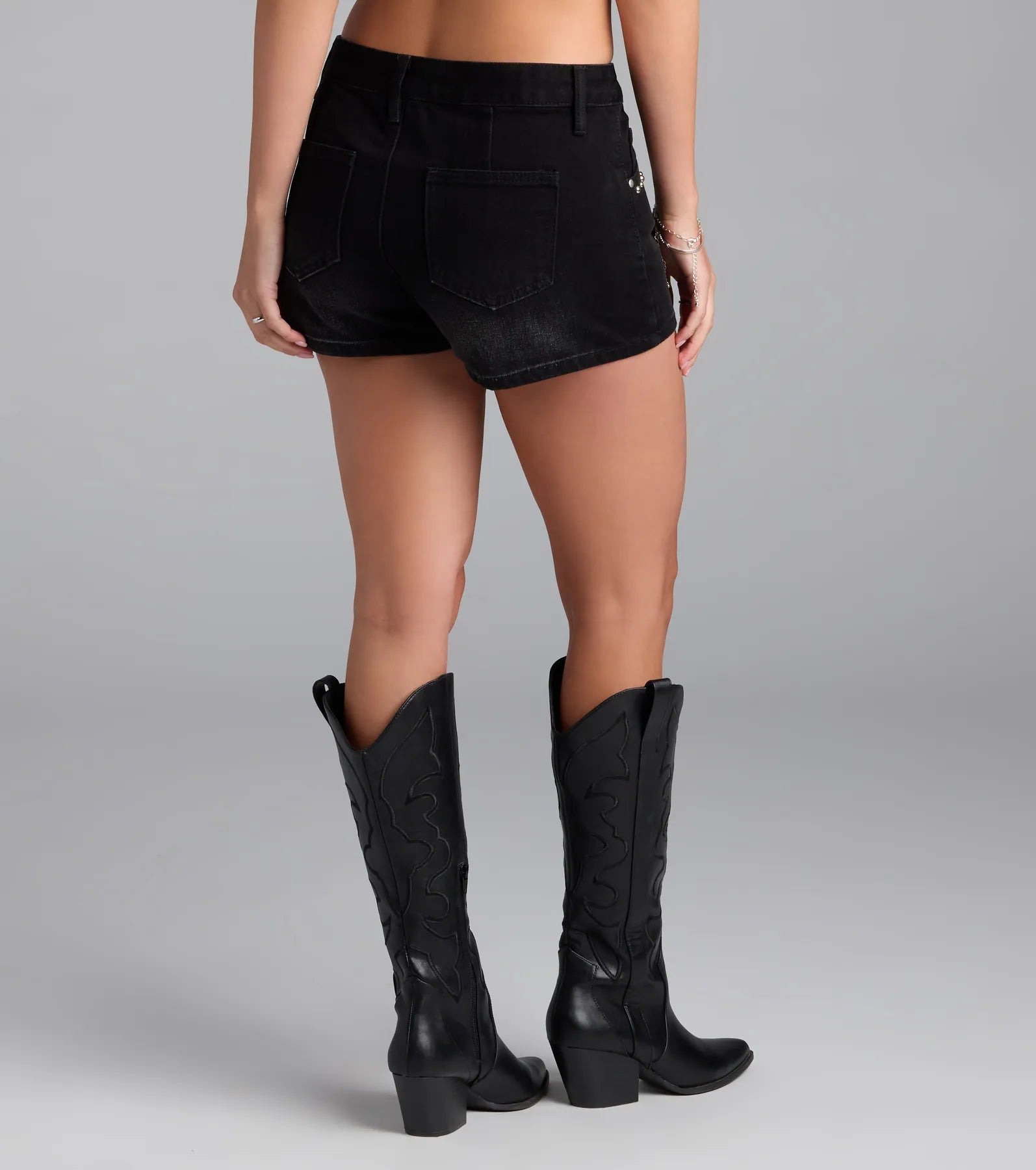 Edgy Girlie Mid-Rise Studded Denim Skort - Image 2