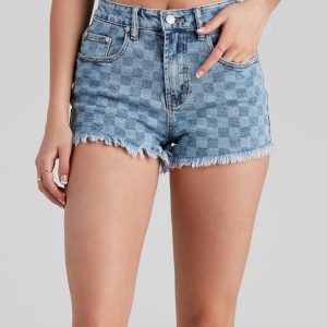 In Check High Rise Denim Mom Shorts