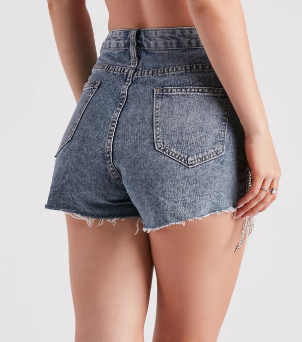 On The Fringe Rhinestone Denim Shorts - Image 3
