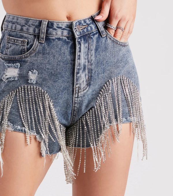 On The Fringe Rhinestone Denim Shorts - Image 4