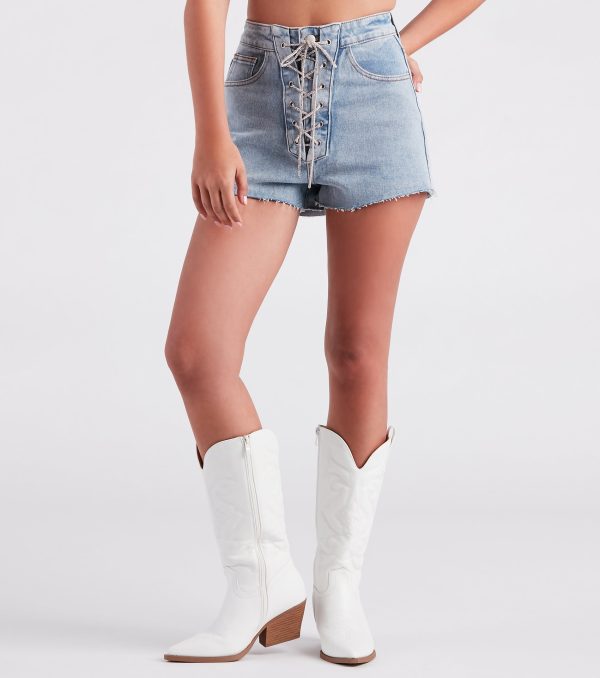 Nothing Short Of Glam Rhinestone Lace-Up Denim Shorts - Image 4