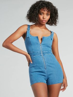 Buckle Down Scoop Neck Zipper Denim Romper