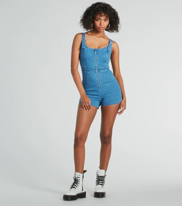 Buckle Down Scoop Neck Zipper Denim Romper - Image 3
