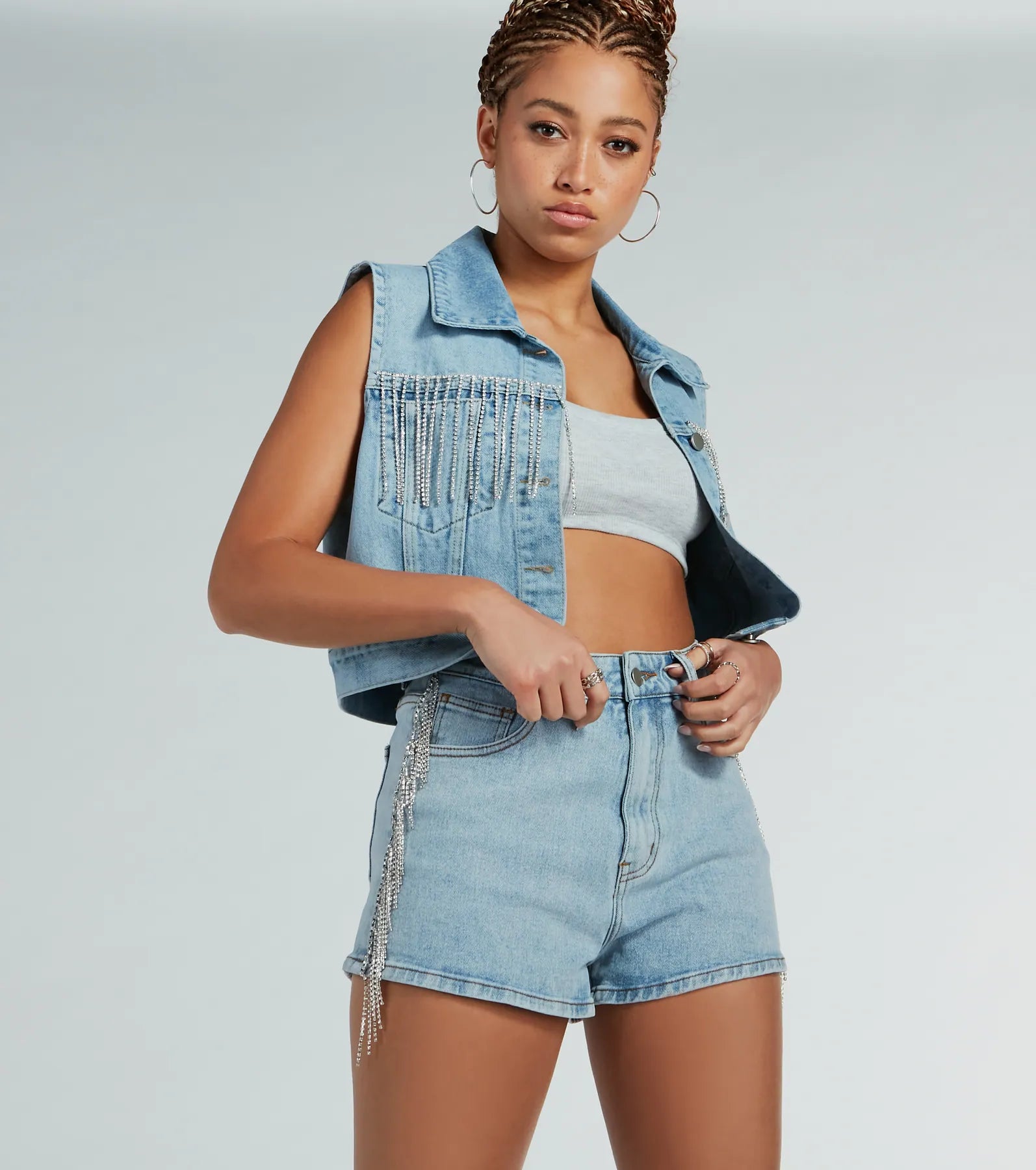 Life Of the Party Rhinestone Fringe Denim Shorts - Image 2
