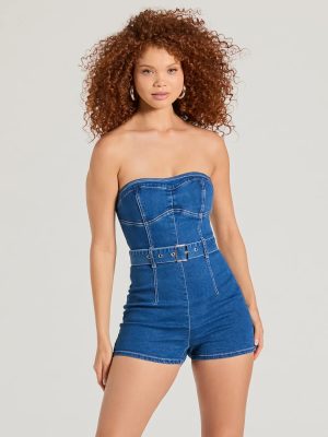 Cutie Alert Strapless Belted Denim Romper