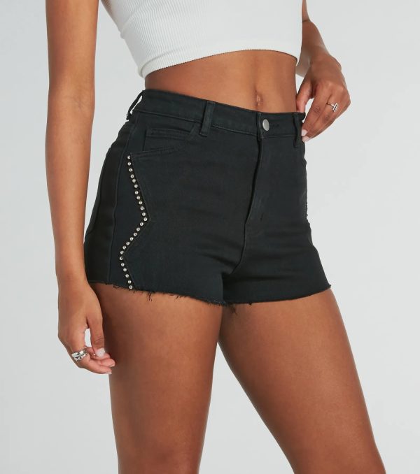 Chic Edginess High Rise Studded Denim Shorts - Image 2