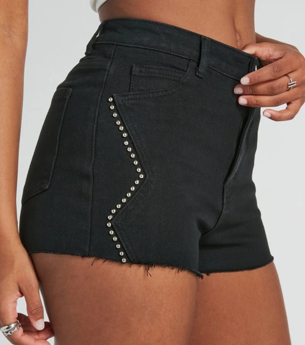 Chic Edginess High Rise Studded Denim Shorts - Image 4