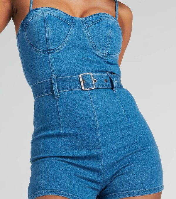 Little Miss Perfect Sweetheart Belted Denim Romper - Image 4