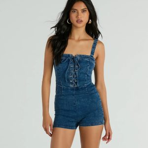 Enticing Flirty Sleeveless Lace-Up Denim Romper