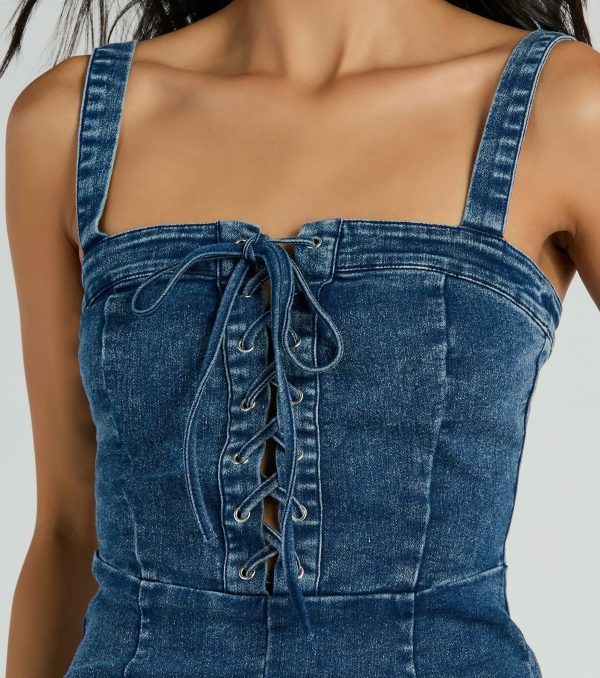 Enticing Flirty Sleeveless Lace-Up Denim Romper - Image 4