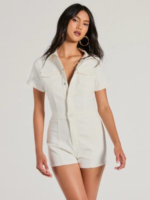 Breezy Weekend Short Sleeve Button Up Denim Romper
