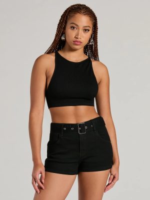 Summer Girlie Mid Rise Belted Denim Shorts