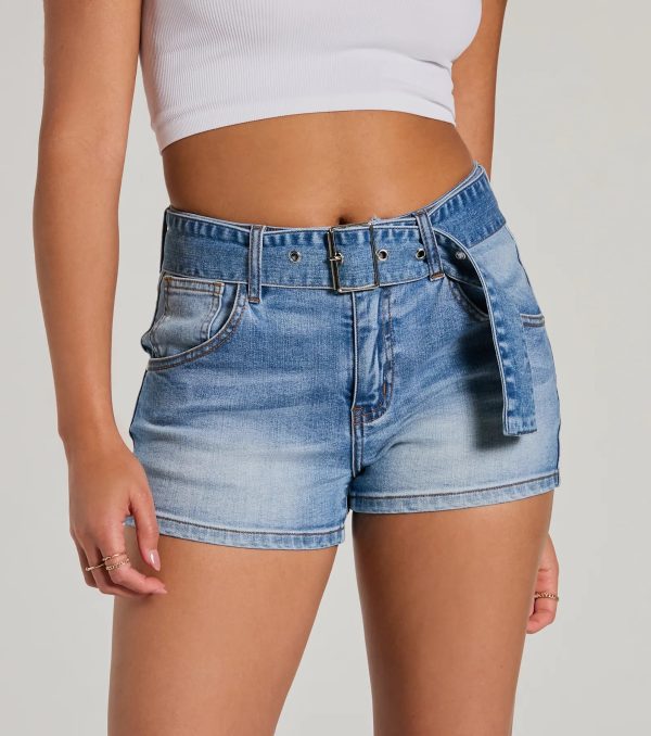 Summer Girlie Mid Rise Belted Denim Shorts - Image 8