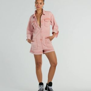 Road Trippin' Long Sleeve Cuffed Acid Denim Romper