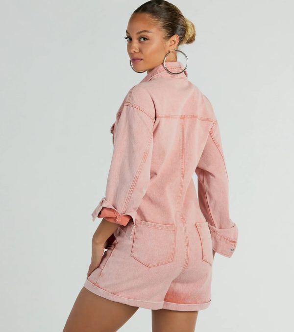 Road Trippin' Long Sleeve Cuffed Acid Denim Romper - Image 2