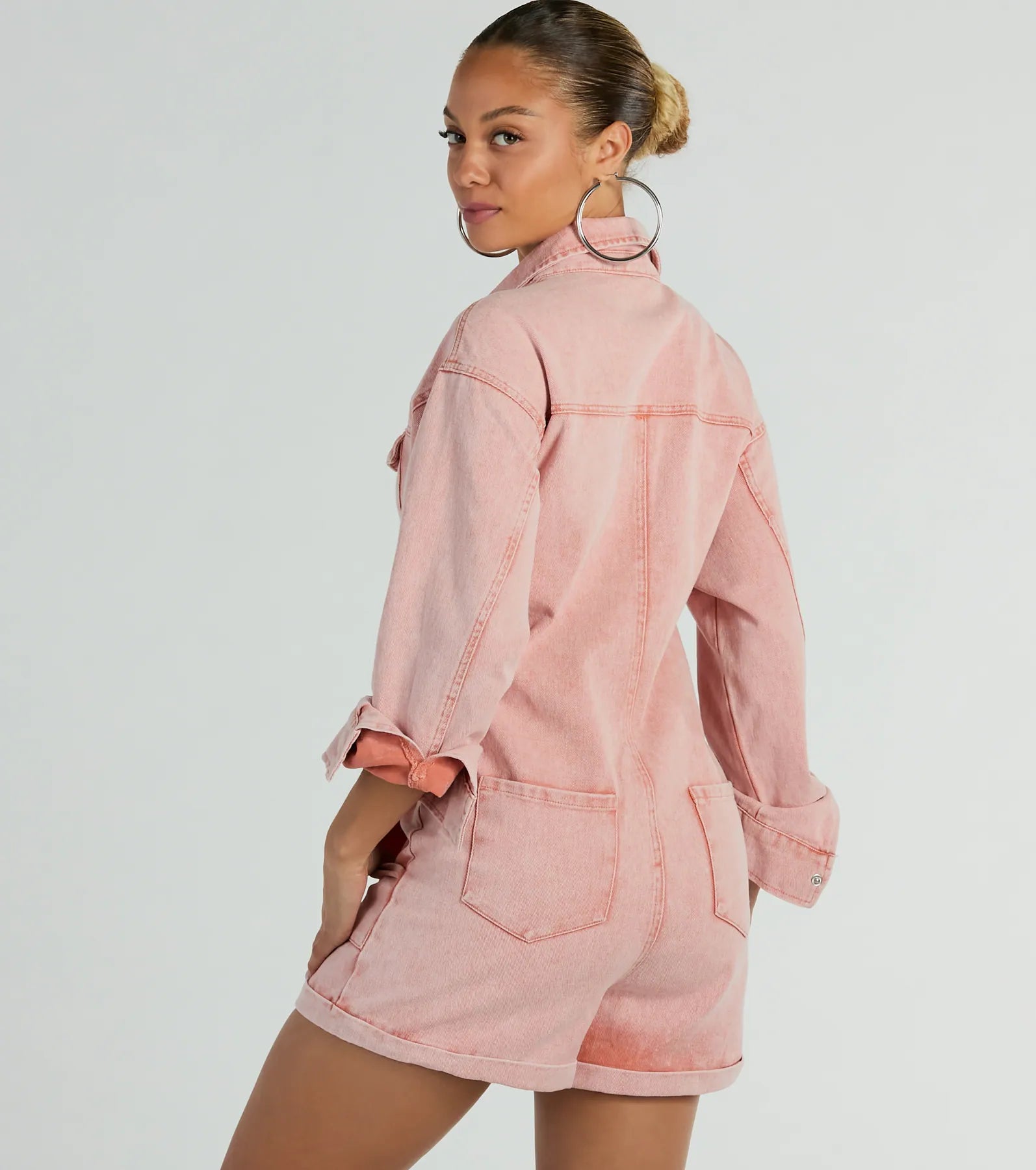 Road Trippin' Long Sleeve Cuffed Acid Denim Romper - Image 2