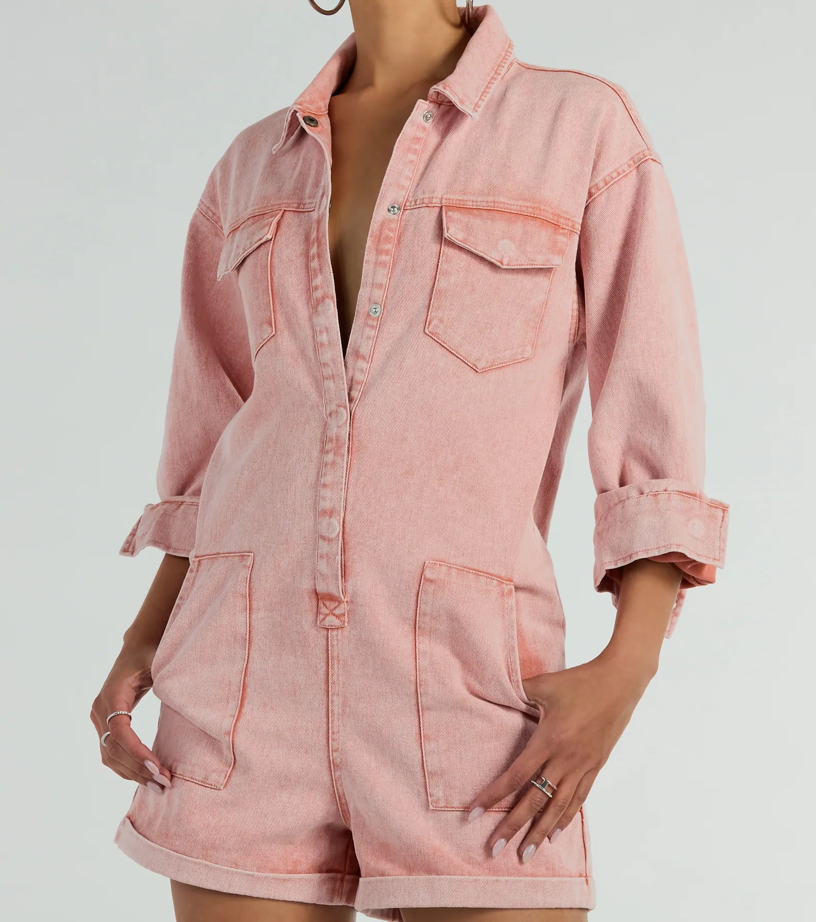 Road Trippin' Long Sleeve Cuffed Acid Denim Romper - Image 3