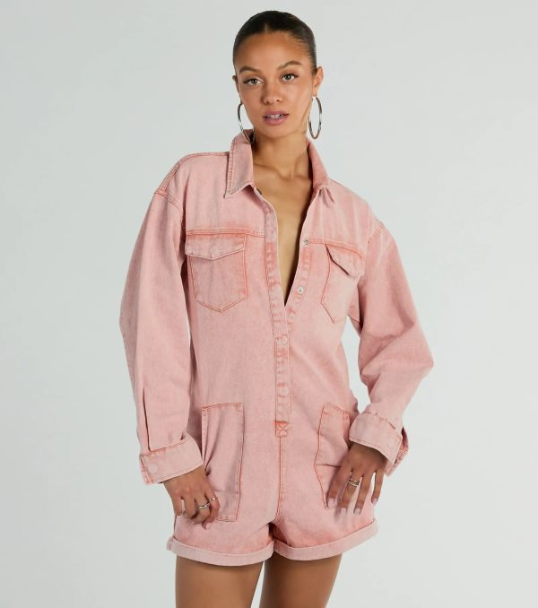 Road Trippin' Long Sleeve Cuffed Acid Denim Romper - Image 4