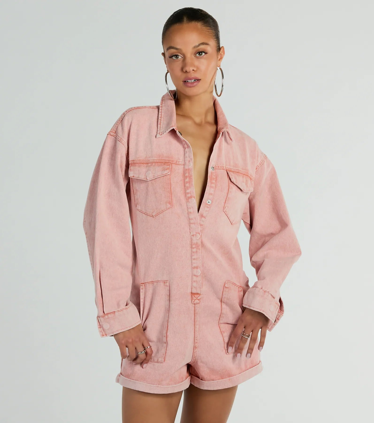Road Trippin' Long Sleeve Cuffed Acid Denim Romper - Image 4