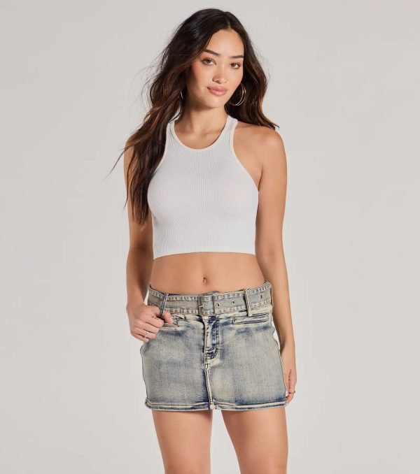Cute Effect Mid-Rise Belted Denim Mini Skort - Image 2