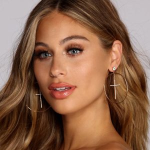 Cross Drop Hoop Earrings