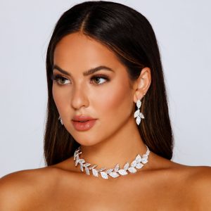 Elegance Rhinestone Leaf Necklace and Earrings Set