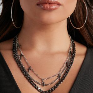 Chic Edge Layered Cross Chain Necklace Set