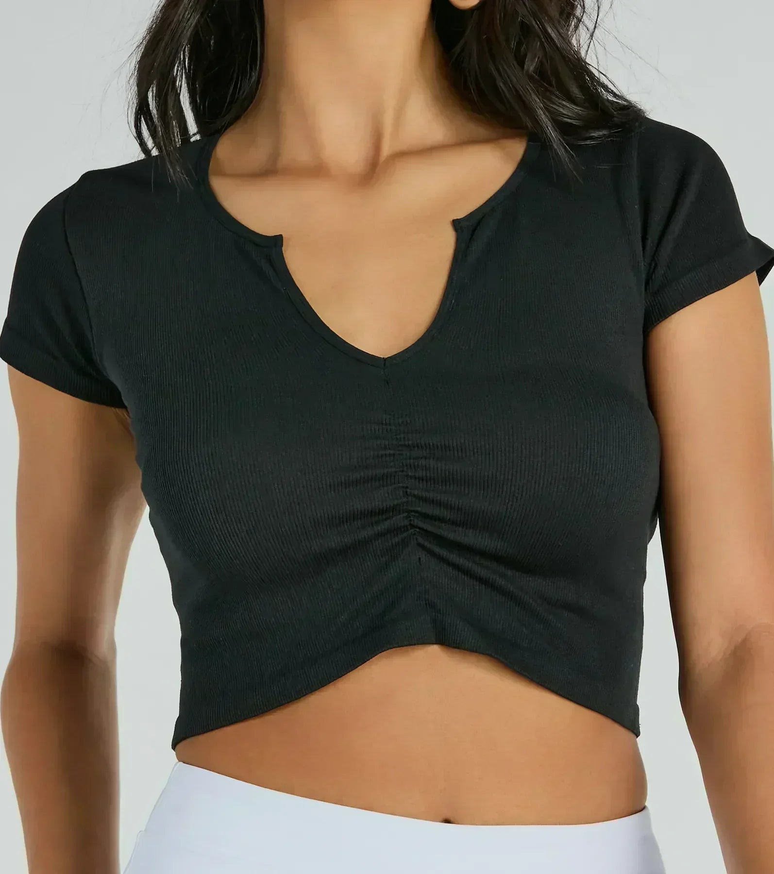Sweetest Basic V-Neck Ruched Crop Top - Image 4