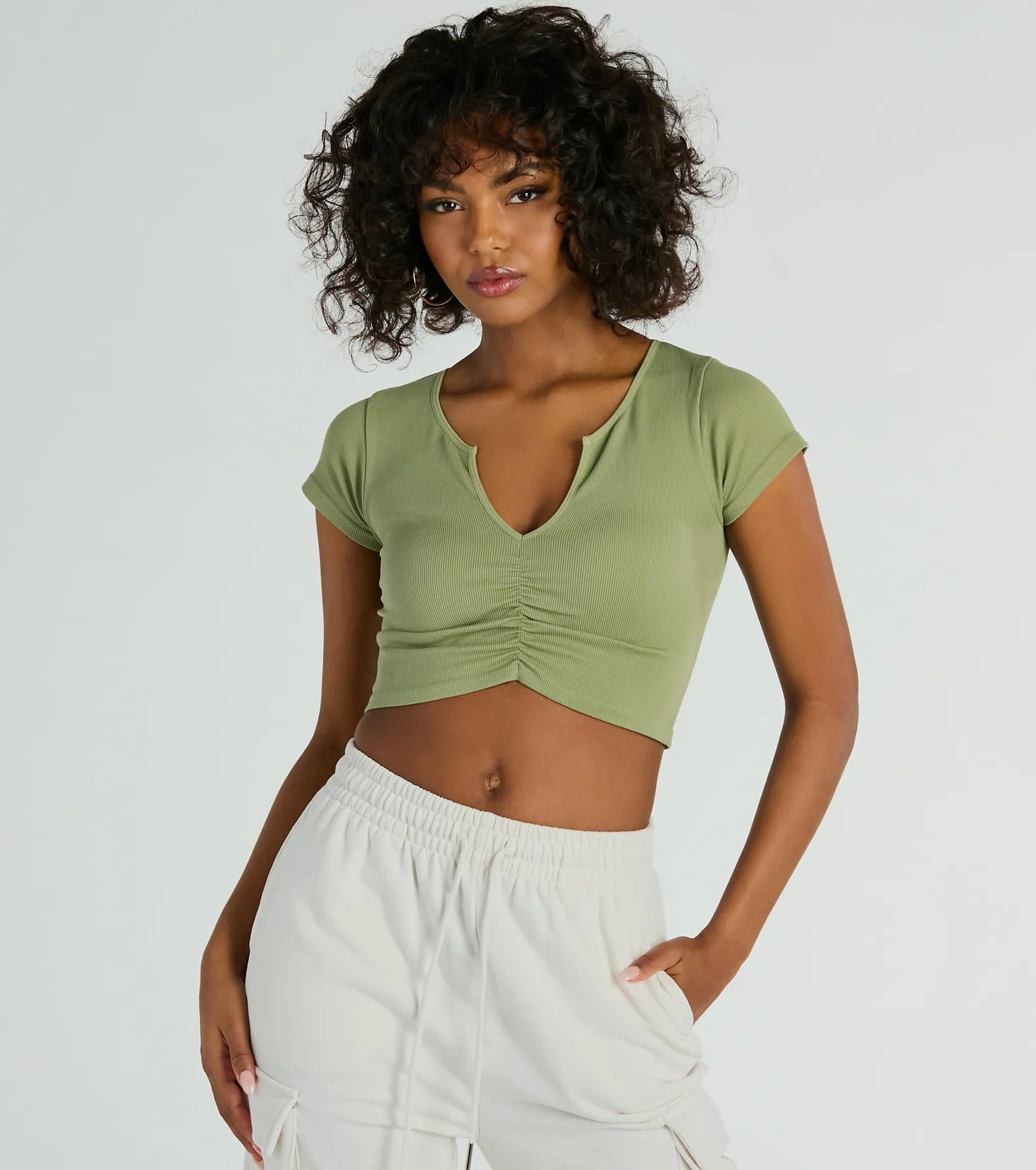 Sweetest Basic V-Neck Ruched Crop Top - Image 9