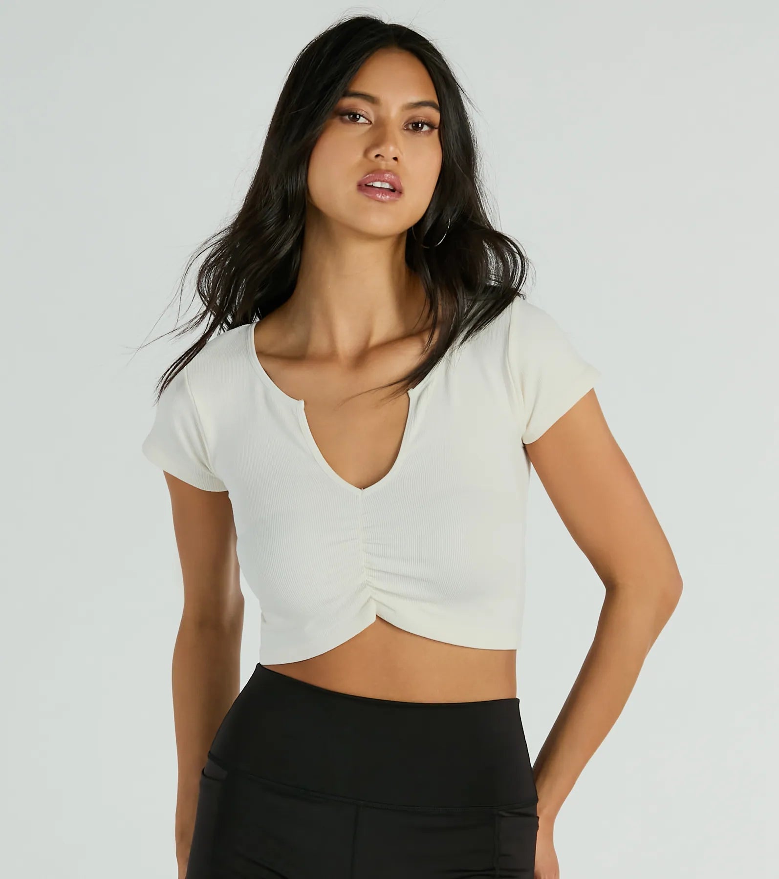 Sweetest Basic V-Neck Ruched Crop Top - Image 5